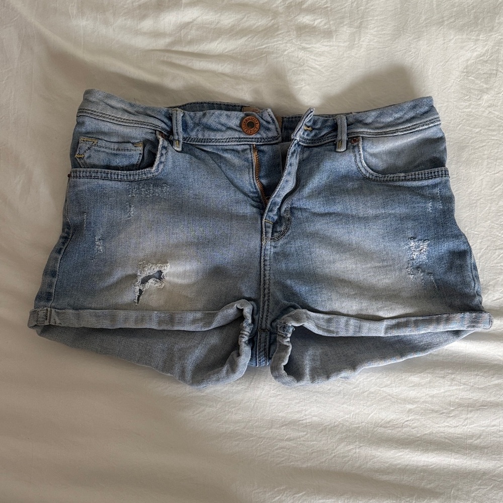 Bershka Light Blue Distressed Jean Shorts